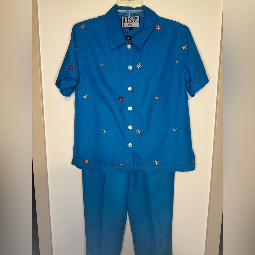 HSZ Studio VINTAGE 2Pc. Small Teal Floral Embroidered Pants Set
